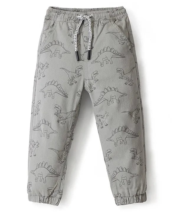 Babyhug Cotton Spandex Full Length Trouser With Dino Print - Grey